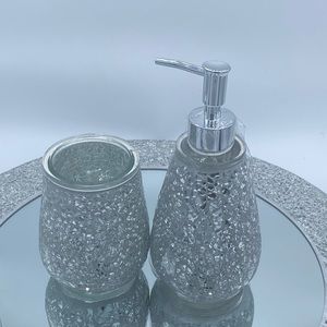 3pc Mosaic Glass Design Bathroom Decor Mirror, Soap Dispenser, Toothbrush Holder